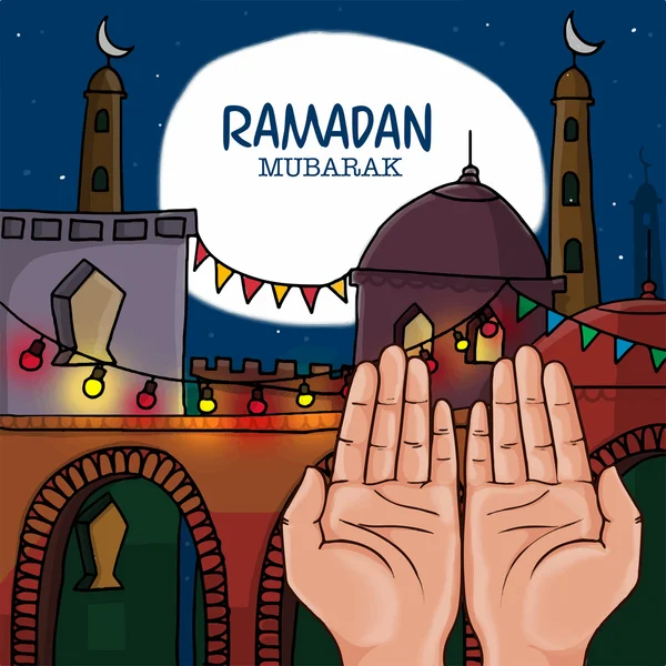 Mezquita creativa con manos de oración para Ramadán Kareem . — Vector de stock