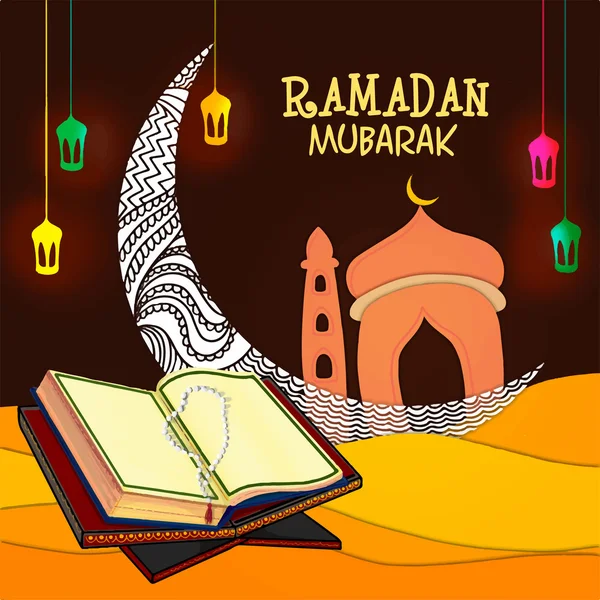 Quran Shareef med månen och moskén för Ramadan Kareem. — Stock vektor