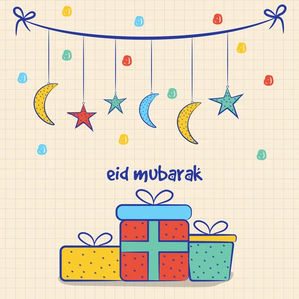 Tarjeta de felicitación con regalos para la celebración del Eid . — Archivo Imágenes Vectoriales