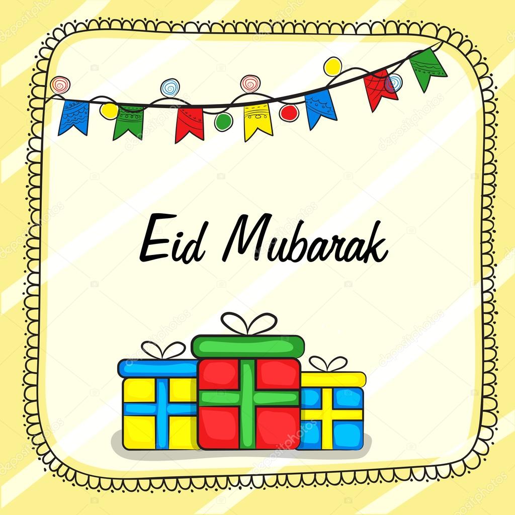 Greeting card with gifts for Eid Mubarak celebration.