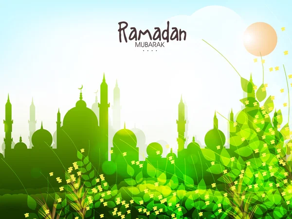 Groene moskee voor heilige maand Ramadan Kareem viering. — Stockvector