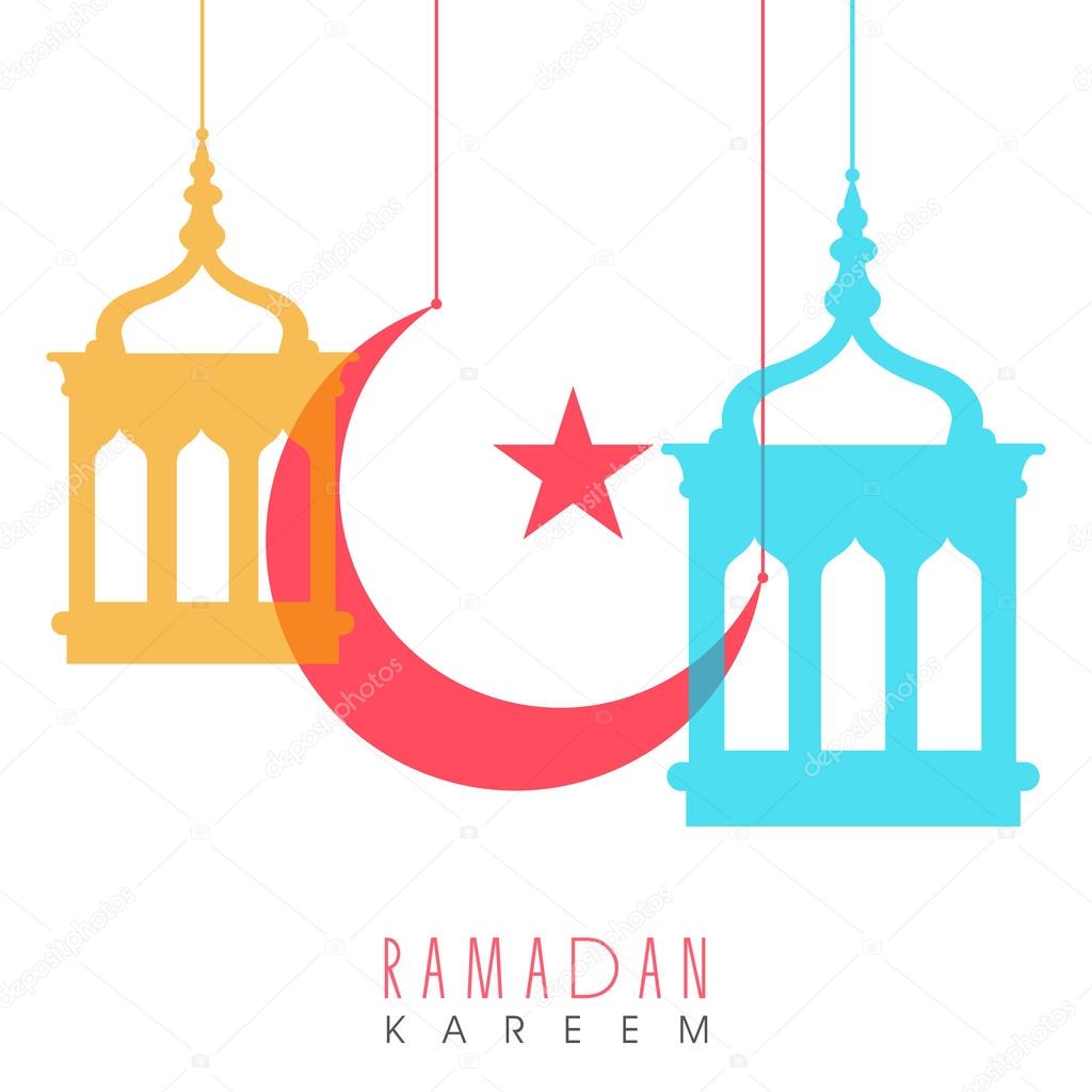 Ramadan Kareem celebration with colorful moon and stars.