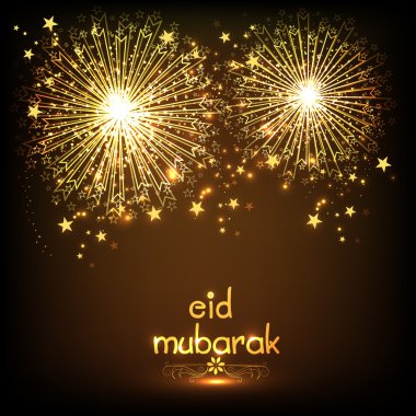 Greeting card with firecrackers for Eid Mubarak celebration. clipart