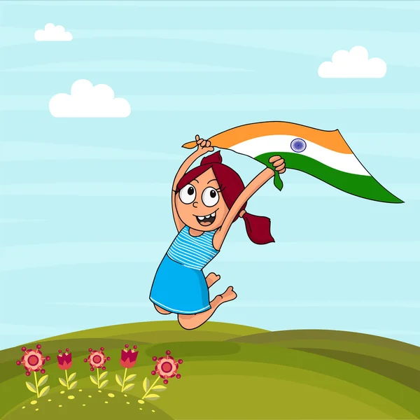 Leuk meisje met vlag vieren de dag van de onafhankelijkheid van de Indiase. — Stockvector