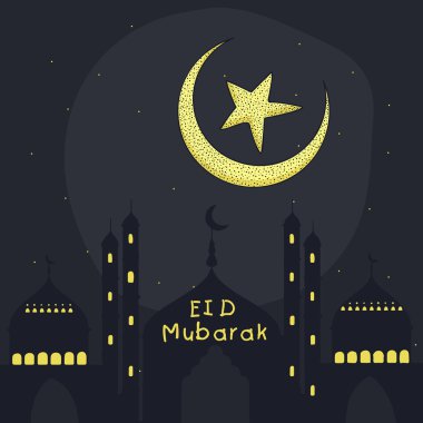 Greeting card with mosque, moon and star for Eid Mubarak celebration.