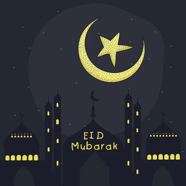 Greeting card with mosque, moon and star for Eid Mubarak celebration. — Stok Vektör