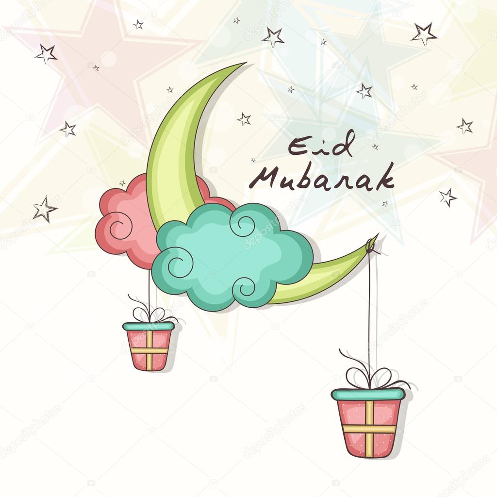 Eid Mubarak celebration with colorful moon and gifts.