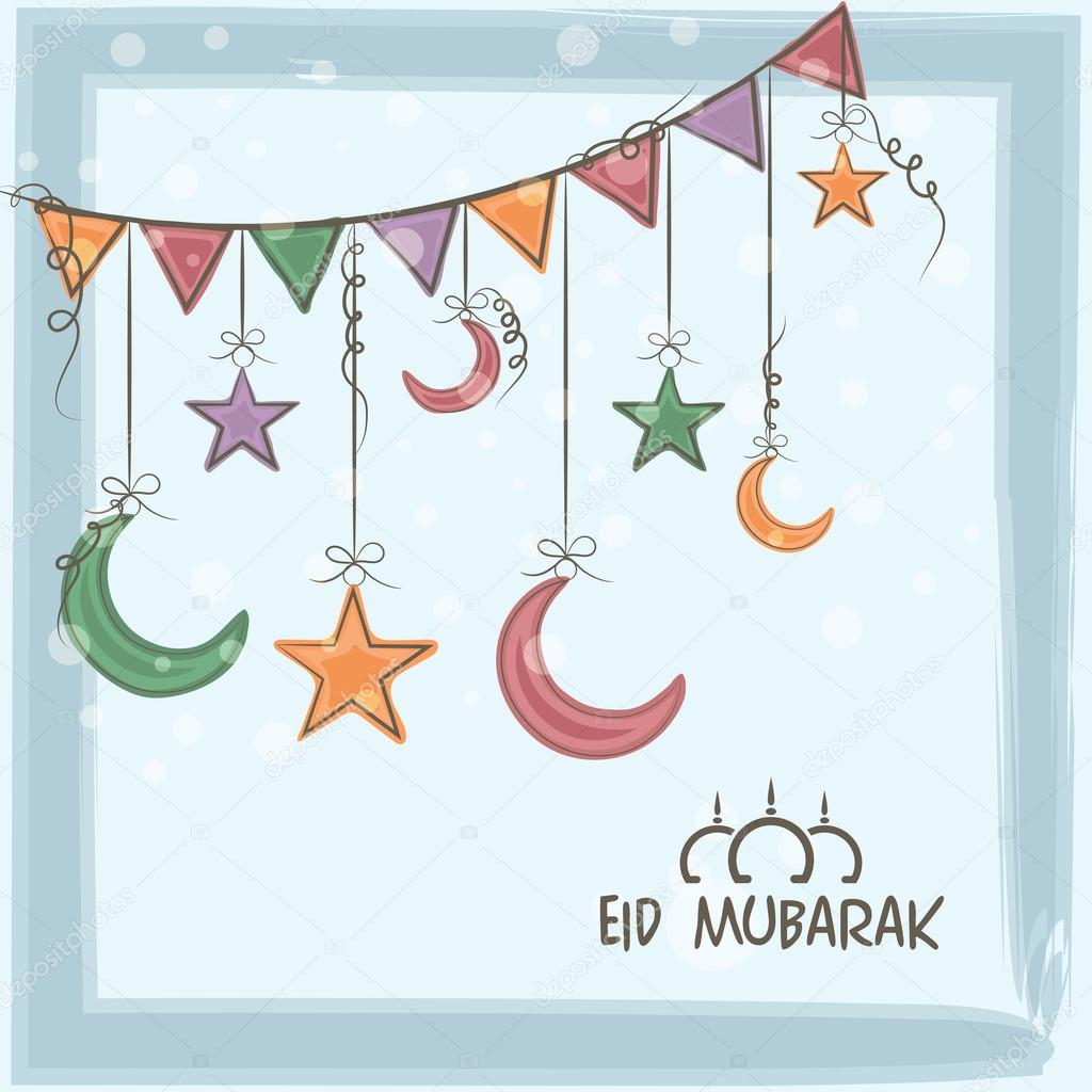 Greeting card with moons and stars for Eid Mubarak.