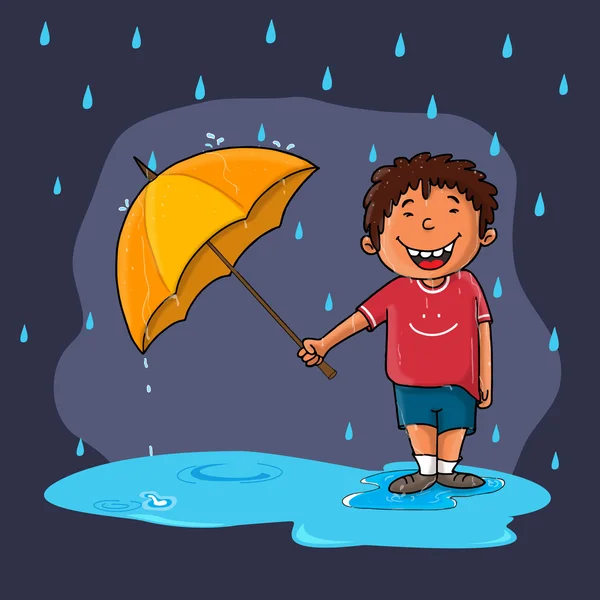 Ładny chłopak z parasolem na sezon Mosoon. — Wektor stockowy