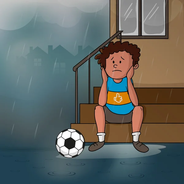 Trieste jongen in regen voor moesson seizoen concept. — Stockvector