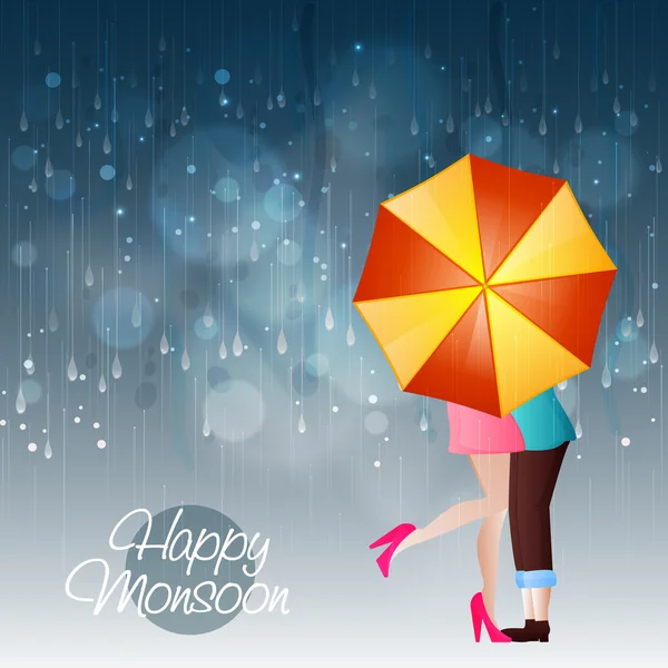 Young couple with umbrella for Happy Monsoon. — Stock Vector