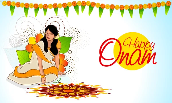 Young girl for Happy Onam celebration. — Stock Vector