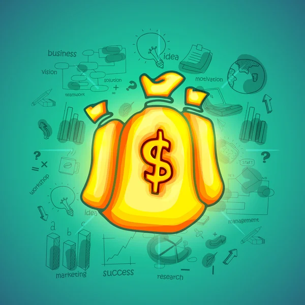 Glossy money bag with various business infographic elements. — 图库矢量图片