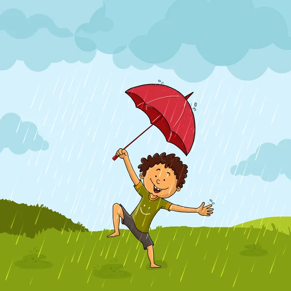 Netter Junge im Regen für Monsunsaisonkonzept. — Stockvektor