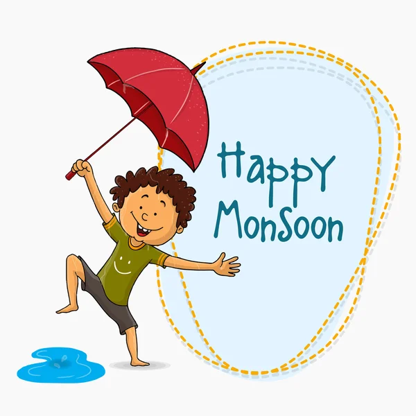 Cute boy for Happy Monsoon Season. — 图库矢量图片