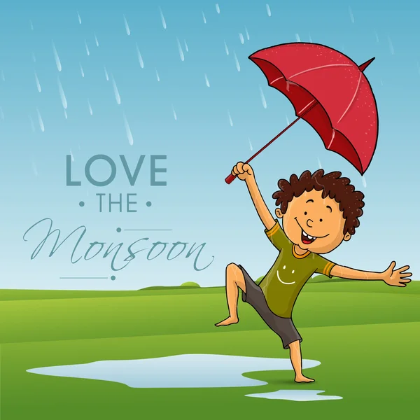 Cute dancing boy for Happy Monsoon. — Stock Vector