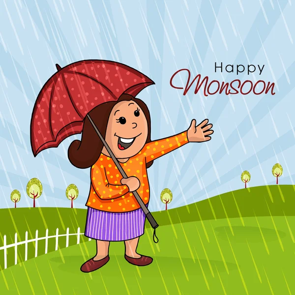 Happy woman for Happy Monsoon concept. — Stock Vector