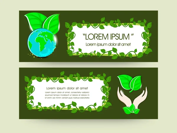Web header or banner design with green leafs. — Stok Vektör