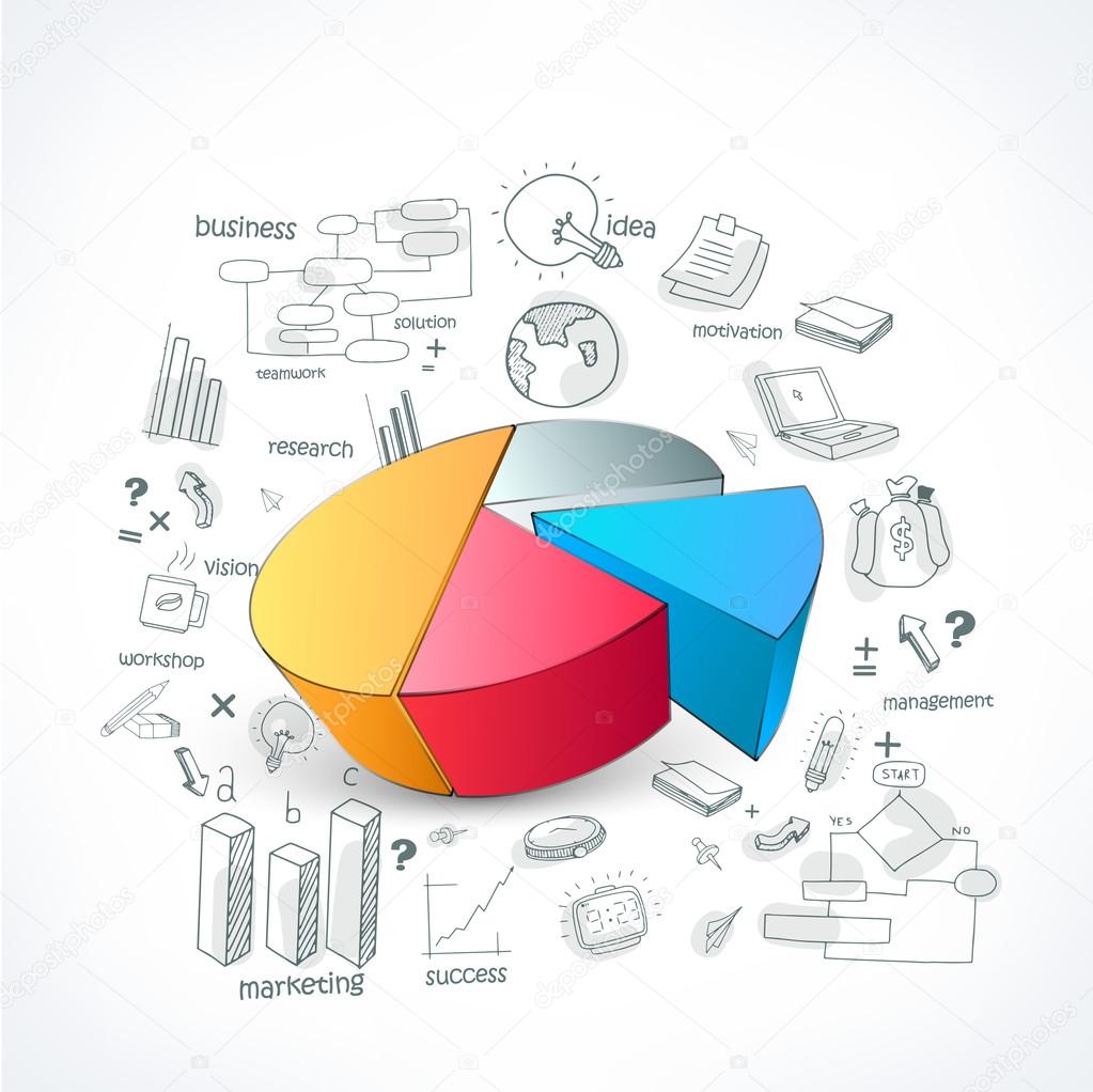 Creative business infographic pie chart with various elements.