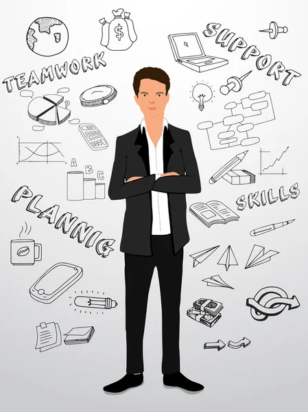 Young businessman with various infographic elements. — Stockvector