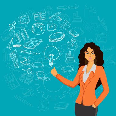 Young businesswoman with various business infographic elements.