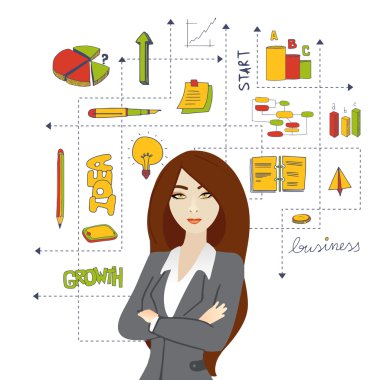 Colorful various business infographic elements with businesswoma