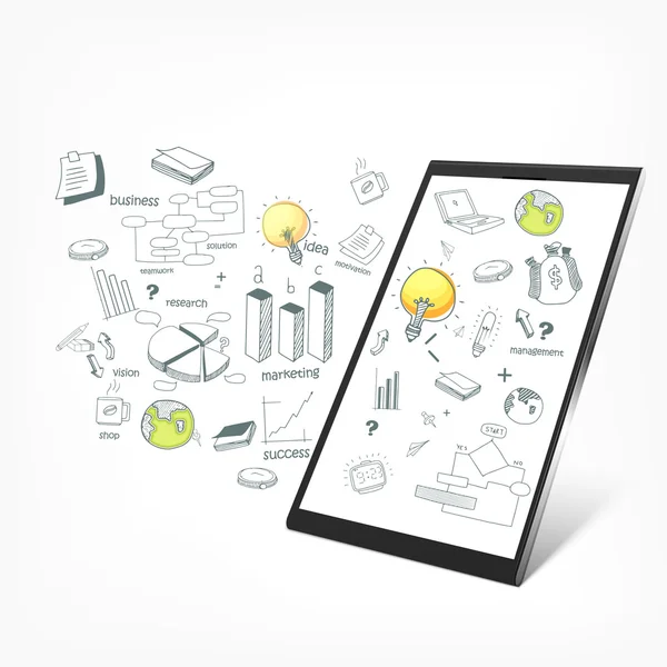 Elektronische tablet met verschillende zakelijke infographic elementen. — Stockvector