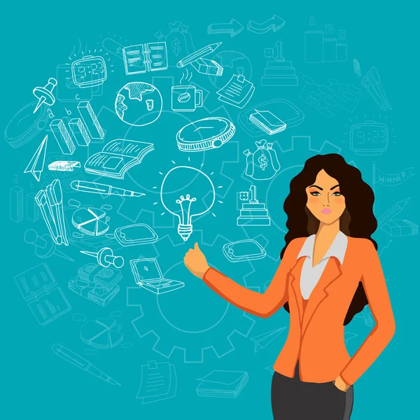 Young businesswoman with various business infographic elements. — Stock vektor