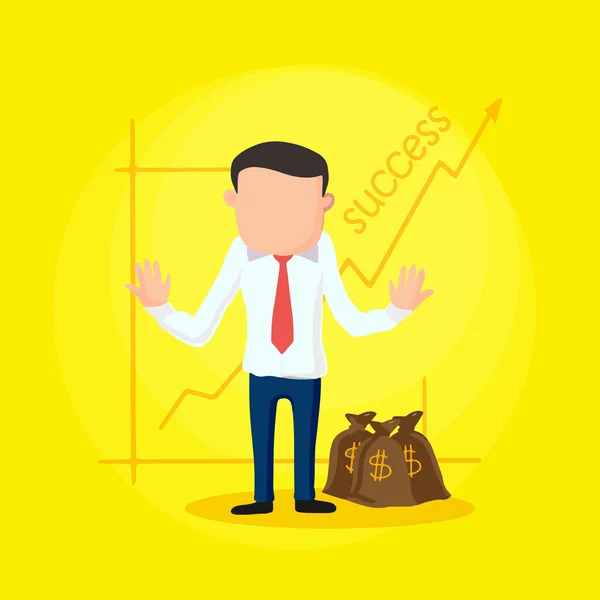 Young businessman with money bag and success graph. — Stock Vector