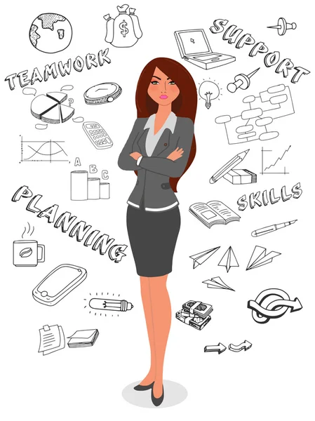 Businesswoman with various infographic elements. — 스톡 벡터