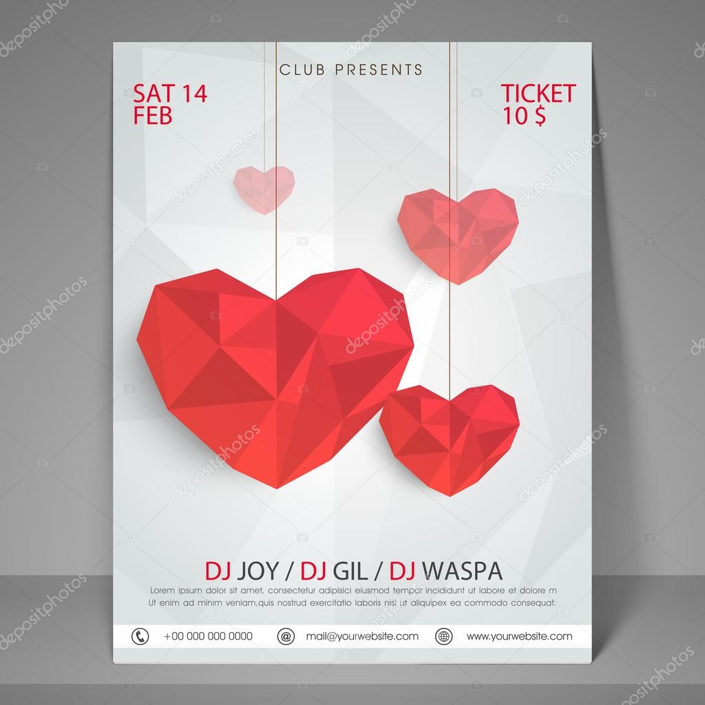 Happy Valentines Day party flyer, banner or template with red abstract hearts.