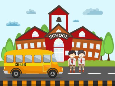 Okul otobüs ve öğrenciler ile Binası.