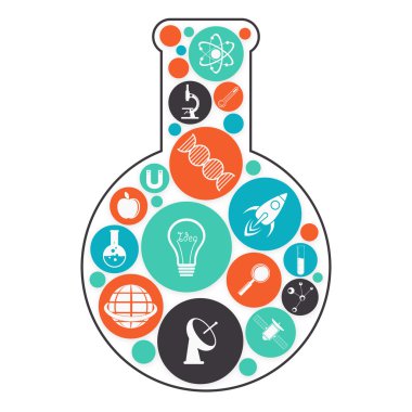 Bilim sembolleri ile laboratuvar şişesi.