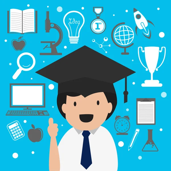 Graduation boy with school elements and objects. — Stock Vector