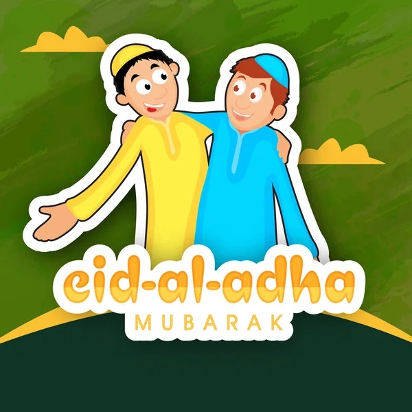 Sticky design with islamic men celebrating Eid-Al-Adha festival. — Stockvector