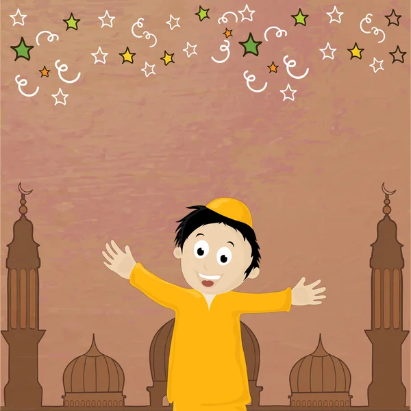 Celebración de Eid-Al-Adha con lindo niño y mezquita . — Vector de stock