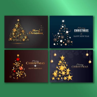 Merry Christmas and Happy New Year Poster Set with Creative Xmas Tree in Dark Theme.
