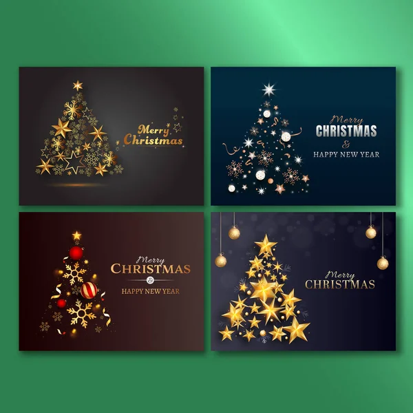Merry Christmas and Happy New Year Poster Set with Creative Xmas Tree in Dark Theme.