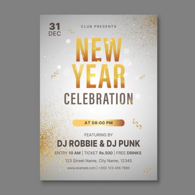Yeni Yıl Kutlama Poster Şablonu Gümüş ve Altın Renkli Konfeti Kulüp, Disko ve Gece Etkisi.