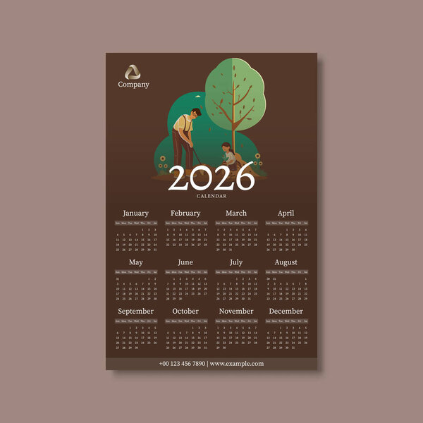 2026 Wall Calendar Design Poster in Brown Color with People Planting Illustration.