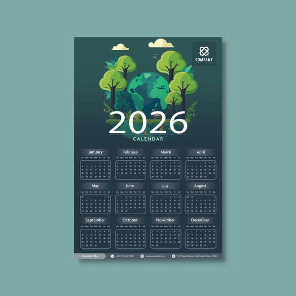 Grey and Green 2026 Wall Calendar Design Template with Animal Lake Illustration.