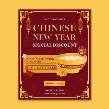 Çin Yeni Yıl Restoranı Poster Şablonu Kırmızı ve Altın Tasarımlı Yiyeceklerde% 50 indirim.