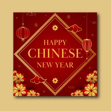 Mutlu Çin Yeni Yılı Sosyal Medya Kırmızı ve Altın Renk Tasarımı Posta Kutlaması.
