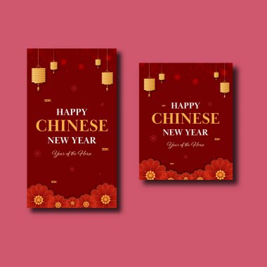 Mutlu Çin Yeni Yılı 2026 Kutlama Kart Şablonu Kırmızı ve Altın Renk Tasarımı At Kutlaması Yılı.