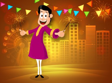 Young man with firecracker for Diwali celebration.