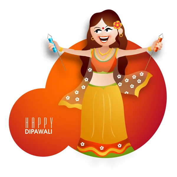 Young girl with firecracker for Diwali celebration. — Stockvector