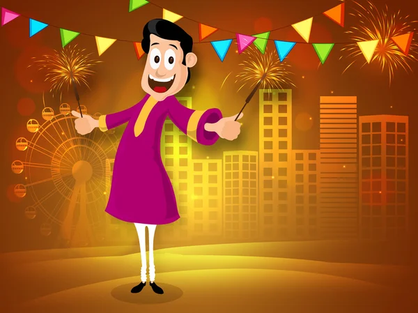 Joven con petardo para la celebración de Diwali . — Vector de stock