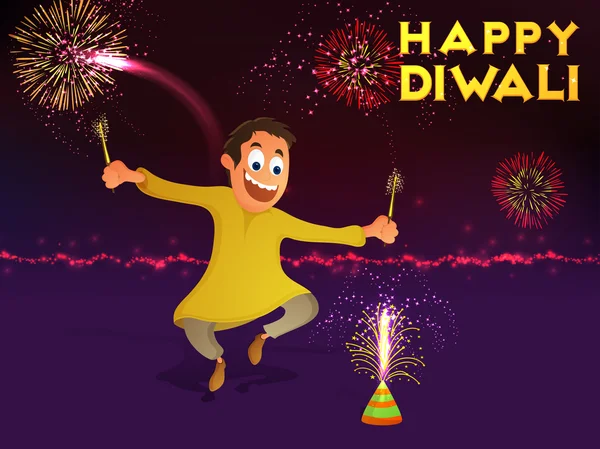 Lindo chico disfrutando feliz Diwali . — Vector de stock