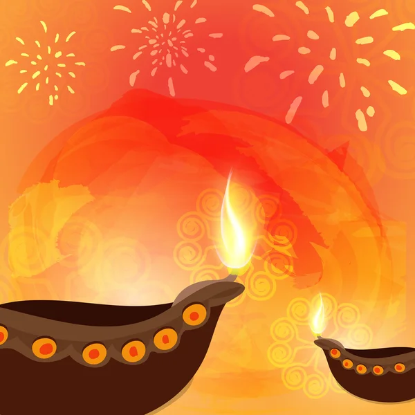 Illuminated oil lit lamps for Happy Diwali celebration. — Stockvector