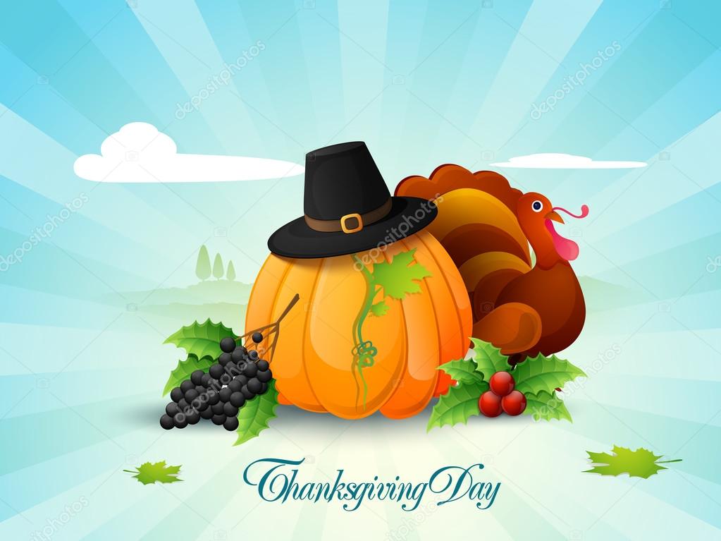 Thanksgiving Day celebration with fruits, vegetables and Turkey